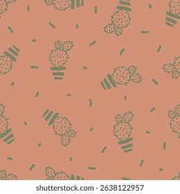 Cactus and succulent plants seamless pattern. Seamless pattern of cute cacti and succulents in pots. Simple cartoon vector style.