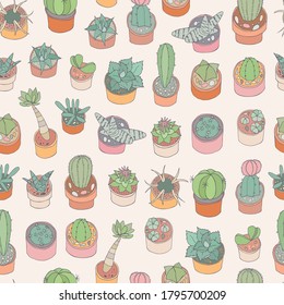 Cactus succulent in pot handgezeichnet Cartoon Illustrationen Vektornahtloses Muster