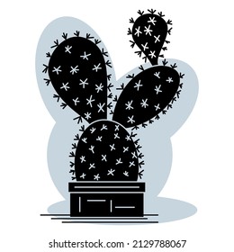 Cactus, succulent in a pot for home and office. A plant with flat semicircular appendages. spikes and thorns. Vector icon, glyph, silhouette, abstract gray background, isolated
