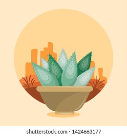 Cactus succulent pot on desertscape round frame over beige background vector illustration graphic design