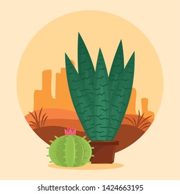 Cactus succulent pot on desertscape round frame over beige background vector illustration graphic design
