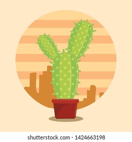 Cactus succulent pot on desertscape round frame over beige background vector illustration graphic design