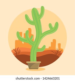 Cactus succulent pot on desertscape round frame over beige background vector illustration graphic design