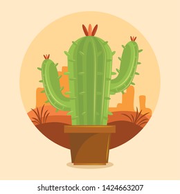 Cactus succulent pot on desertscape round frame over beige background vector illustration graphic design