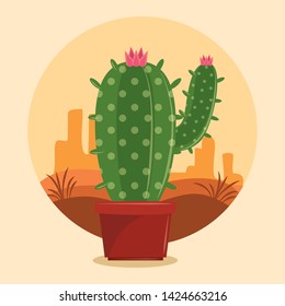 Cactus succulent pot on desertscape round frame over beige background vector illustration graphic design