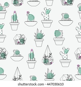 Cactus and succulent seamless line  pattern vector background
