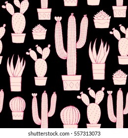 Cactus and succulent seamless pattern. Based on hand drawn illustrations. Pink elements on black background.