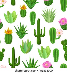 Cactus and succulent seamless pattern. Blossom cacti and succulents on white background. Vector illustration with plants.