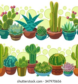 Cactus and succulent seamless pattern. Colorful flowers in pots and circles. Vector background.