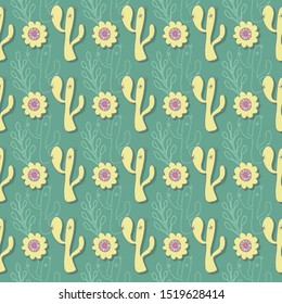 Cactus succulent seamless pattern on green teal background, vector
