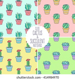 Cactus and succulent seamless pattern set; four background with doodle colorful flowers in pots; hand drawn cacti and succulents in sketch style on blue, pink, yellow, green cute colors