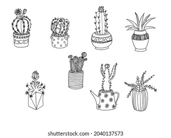Cactus succulent set graphic sketch black white illustration vector