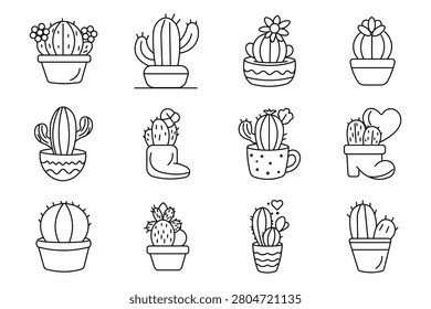 Cactus succulent set icon. Spiny desert plants, blooming flower pot, striped container, hanging basket, western boot vase, rounded foliage, decorative arrangement, botanical household greenery