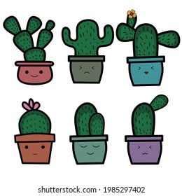 Cactus succulent set icon sticker. 