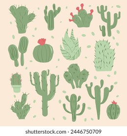 Cactus succulent set. Mexican cacti and aloe square card. Exotic various plants collection Vector hand drawn flat illustration