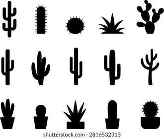 Cactus and Succulent Silhouettes – Vector Set Featuring Diverse Desert Plant Shapes Including Tall, Round, Spiky, and Potted Designs