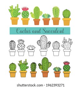 Cactus and succulent six vector illustrations flat design, black and white outline, and color cartoon illustration, Cactus and succulent set.