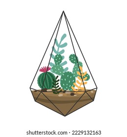 Cactus y suculento en el terrario. Dibujo vectorial de dibujos animados de Florarium. Planta de la casa, decoración, interior botánico, concepto de jardinería