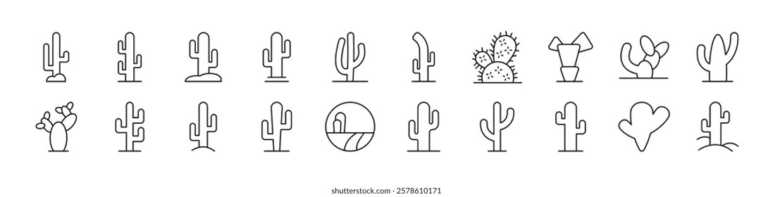 Cactus and Succulent Thin Icons Collection. Editable Stroke. Suitable for Web Sites, Books, Cards, Apps 