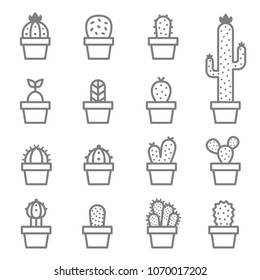 Cactus and Succulent vector icon set. Included the icons as home plant, pot, gymnocalycium, coconut tree cactus, desert, graft, flower, twin and more