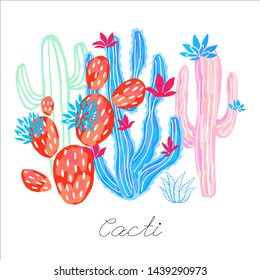 Cactus succulent wild flowers colorful watercolor sketch style print. Botanical houseplant bright collection on white background. Hand drawn vector illustration.