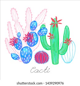 Cactus succulent wild flowers colorful watercolor sketch style print. Botanical houseplant bright collection on white background. Hand drawn vector illustration.