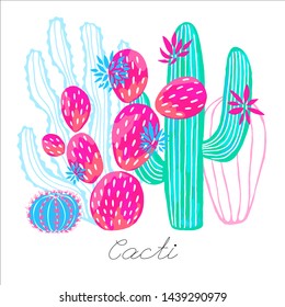 Cactus succulent wild flowers colorful watercolor sketch style print. Botanical houseplant bright collection on white background. Hand drawn vector illustration.