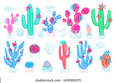 Cactus succulent wild flowers colorful watercolor sketch style print. Botanical houseplant bright collection on white background. Hand drawn vector illustration.