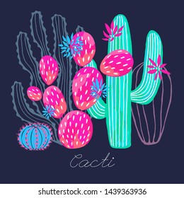 Cactus succulent wild flowers colorful watercolor sketch style print. Botanical houseplant bright collection on white background. Hand drawn vector illustration.