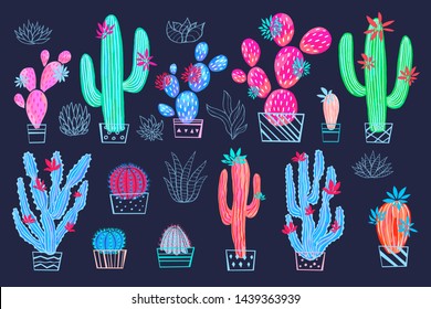 Cactus succulent wild flowers colorful watercolor sketch style print. Botanical houseplant bright collection on white background. Hand drawn vector illustration.