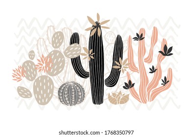 Cactus succulent wild rose flowers tender pink brown pastel color watercolor. Wild beautiful cacti succulents collection. Hand drawn vector illustration