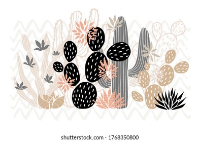 Cactus succulent wild rose flowers tender pink brown pastel color watercolor. Wild beautiful cacti succulents collection. Hand drawn vector illustration