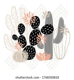 Cactus succulent wild rose flowers tender pink brown pastel color watercolor. Wild beautiful cacti succulents collection. Hand drawn vector illustration