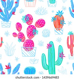 Cactus succulent wild seamless pattern flowers colorful watercolor bright collections. Houseplant beautiful trendy pattern on white background. Hand drawn vector illustration.