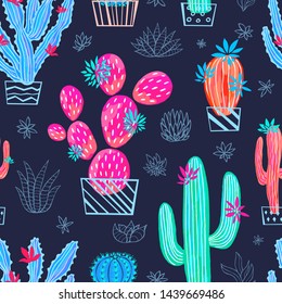 Cactus succulent wild seamless pattern flowers colorful watercolor bright collections. Houseplant beautiful trendy pattern on white background. Hand drawn vector illustration.