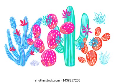 Cactus succulent wild set flowers colorful watercolor pink collections. Houseplant beautiful set on white background. Hand drawn vector illustration.

