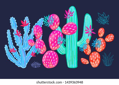 Cactus succulent wild set flowers colorful watercolor pink collections. Houseplant beautiful set on white background. Hand drawn vector illustration.
