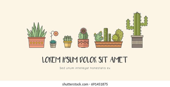 Cactus and Succulents flat style with outline, vector illustration.