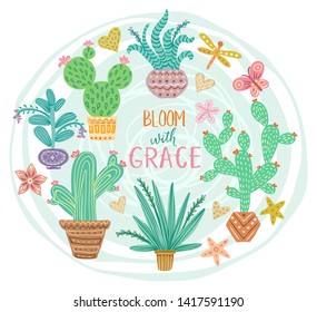 Cactus and succulents illustration with cute nature elements. Blue background. Stylish unique art. Green house plants garden. Vector illustration.