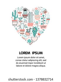 Cactus and succulents. Modern doodle illustrations in heart shape. Place for your text 