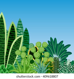 Cactus and succulents. Natural background of indoor plants isolated on blue background. Vector illustration.