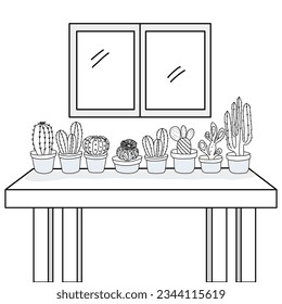  Cactus and succulents on the table illustration. Can be used elements design and fabric.