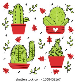 Cactus and succulents outlines. with leaf, spines and without. Vector, hand drawn set illustration