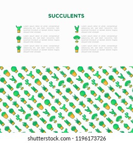 Cactus and succulents in pots concept with thin line icons for banner, print media. Modern vector illustration, web page template for shop of plants.