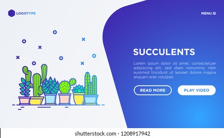 Cactus and succulents in pots concept with thin line icons. Modern vector illustration, web page template for shop of plants.