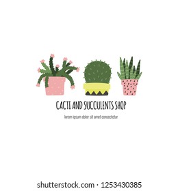 Cactus and succulents in pots. Hand drawn plants concept. Template for garden or flowers shop. Stoc vector