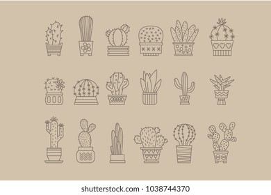 Cactus and succulents in pots outline vector icons big set, plants nature element vector illustration