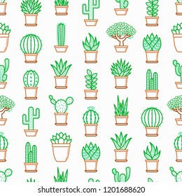 Cactus and succulents in pots seamless pattern with thin line icons. Modern vector illustration for shop of plants.