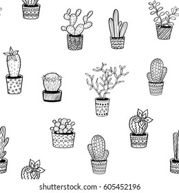 Cactus and succulents seamless pattern, hand drawn sketch home plants collection. Vector illustration.