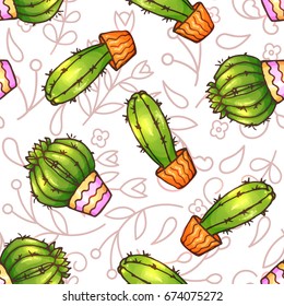 Cactus and succulents seamless pattern illustration. Vector plants in a pots. Hand drawn doodle cacti.